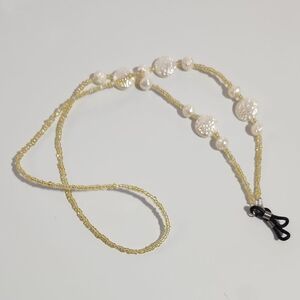 Elegant Gold Seed Bead With White Faux Pearl Eyeglass Chain Necklace
